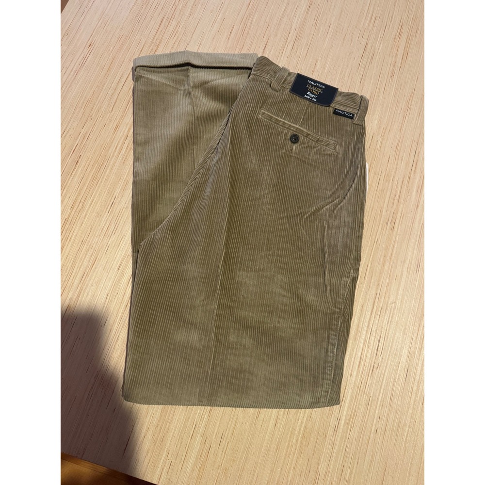 Nautica Classic Cord Pants Mens 34x32 Tan Khaki Pleated Cuffed Corduroy 44